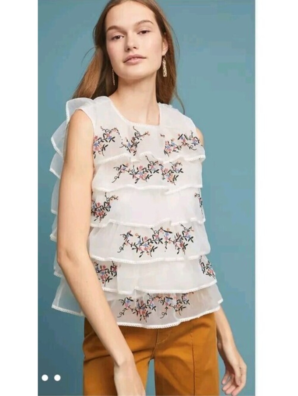 Anthropologie Seen Worn Kept Small Tiered White Blouse Embroidered Floral